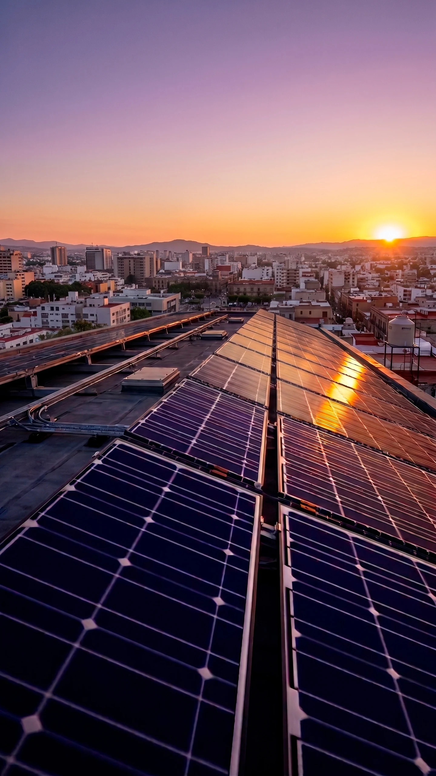 Parque solar fotovoltaico en azotea al atardecer